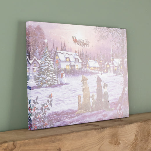 Christmas Canvas Wall Art, Light Up Fiber Optic Dogs Watching Santa Picture