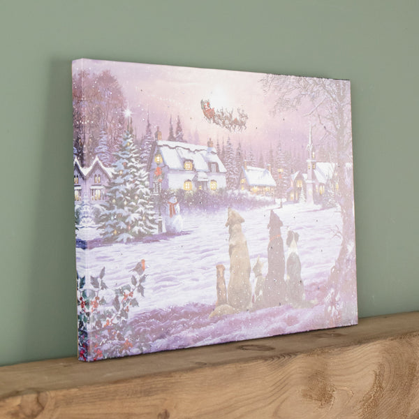 Christmas Canvas Wall Art, Light Up Fiber Optic Dogs Watching Santa Picture