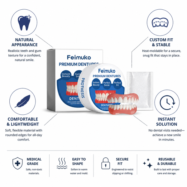 Heat Moldable Silicone Dentures, Soft Cosmetic Denture Set for Full Upper & Lower Teeth