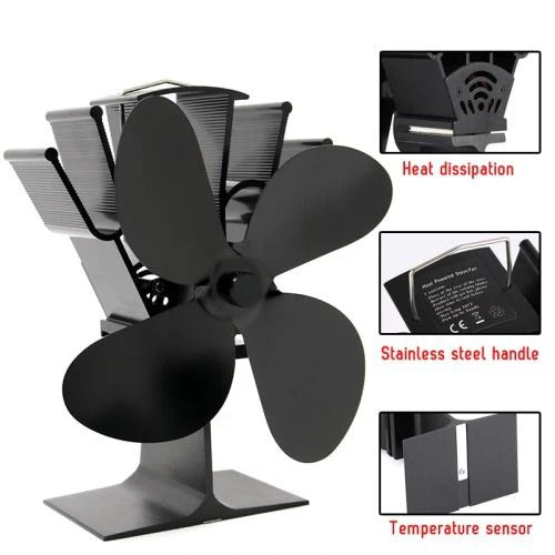 Heat-Powered Stove Fan, 4-Blade Anodized Aluminum Wood Stove Fan That Runs Without Electricity or Batteries