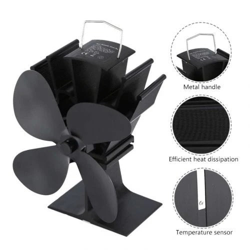 Heat-Powered Stove Fan, 4-Blade Anodized Aluminum Wood Stove Fan That Runs Without Electricity or Batteries