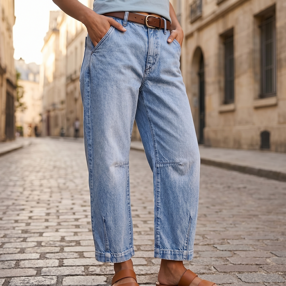 Barrel Jeans for Women, High Waisted Cropped Barrel Leg Jeans in Light Wash Cotton Denim