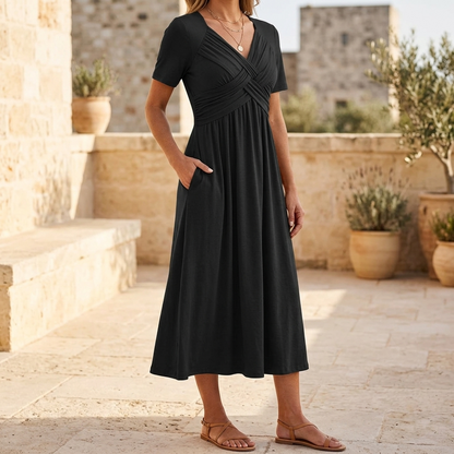 Crossover V-Neck Midi Dress with Pockets