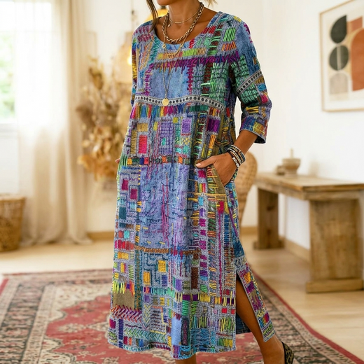 Patchwork Print Dress with Pockets, Loose Flowy Artisan Print Midi Dress for Women