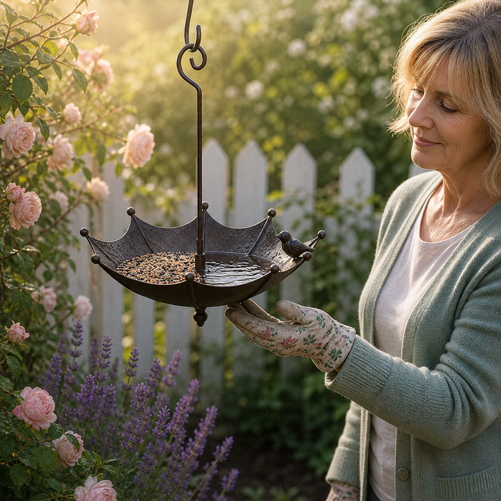Hanging Umbrella Bird Feeder & Bird Bath, Rust-Resistant Antique Bronze Garden Decor