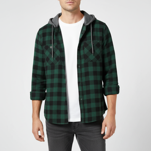 Hooded Flannel Shirt, Long-Sleeve Plaid Button-Up with Attached Hood for Spring and Fall