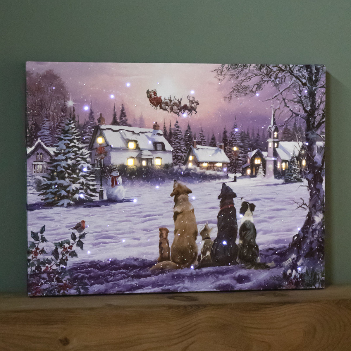 Christmas Canvas Wall Art, Light Up Fiber Optic Dogs Watching Santa Picture