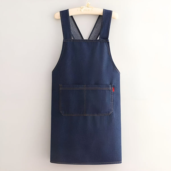 Cross Back Apron, Denim Look Bib Apron with Pocket for Cooking, Kitchen & Workshop