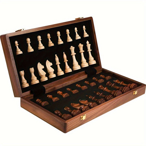 Wooden Chess Set, Foldable Solid Wood Chess Board with Storage for 32 Chess Pieces