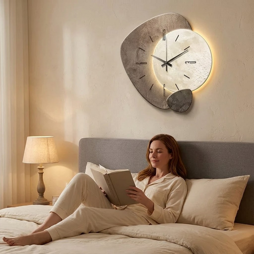 Moon Wall Clock, Silent Backlit Clock with Stone Textured Frame & Warm Golden Glow