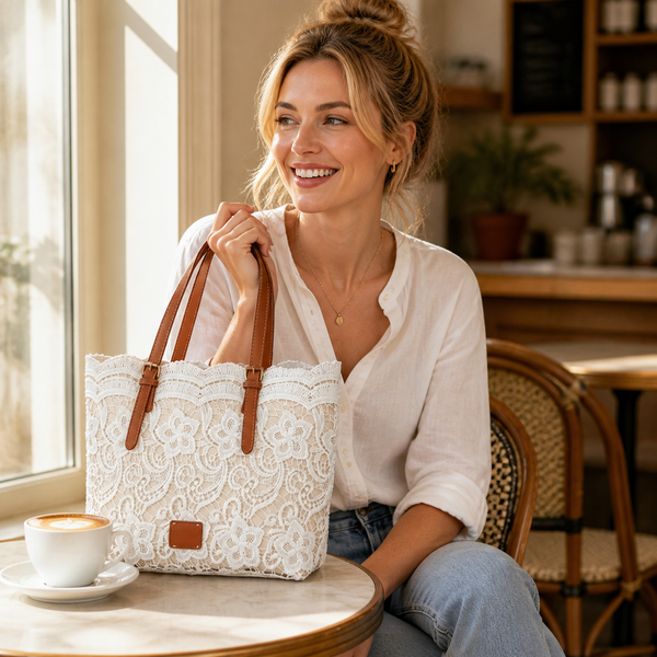 Lace Tote Bag, Crochet Floral Lace Shoulder Bag with Roomy Interior for Laptop & Daily Essentials