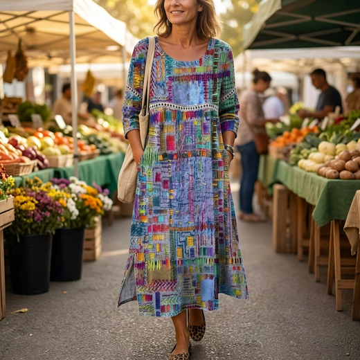 Patchwork Print Dress with Pockets, Loose Flowy Artisan Print Midi Dress for Women