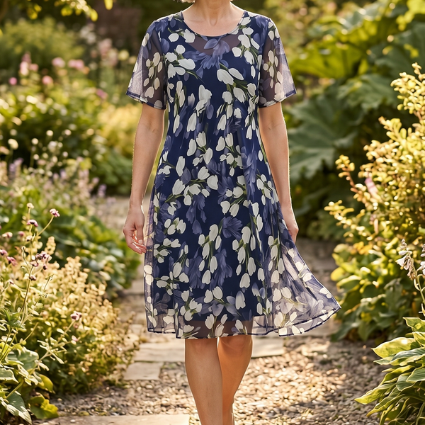 Navy Floral Midi Dress for Women, Elegant Chiffon A-Line Wedding Guest & Cruise Dress