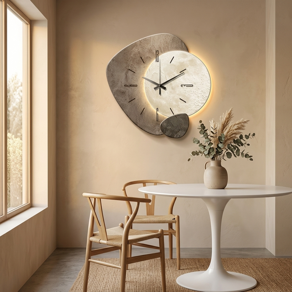 Moon Wall Clock, Silent Backlit Clock with Stone Textured Frame & Warm Golden Glow