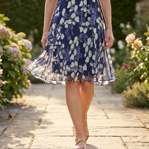 Navy Floral Midi Dress for Women, Elegant Chiffon A-Line Wedding Guest & Cruise Dress
