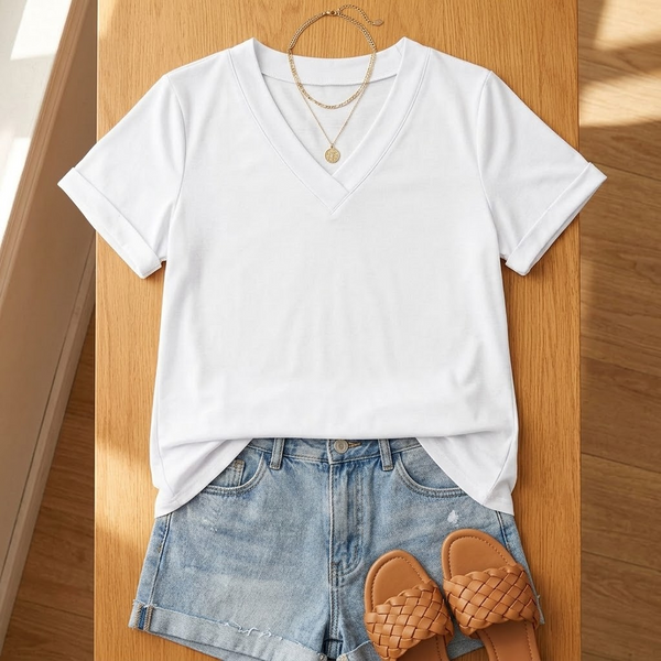 V Neck T Shirt, Soft Breathable Tee with Contrast Stitched Neckline & Rolled Sleeves
