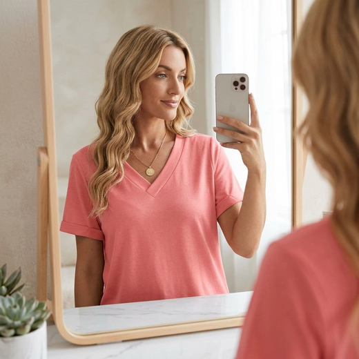 V Neck T Shirt, Soft Breathable Tee with Contrast Stitched Neckline & Rolled Sleeves