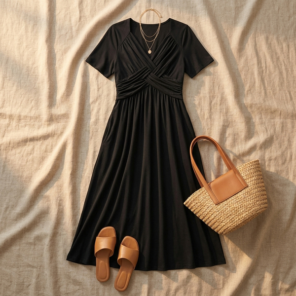 V-Neck Midi Dress with Pockets, Ruched Crossover Short Sleeve A-Line Dress for Women