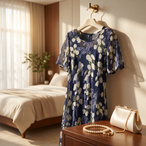 Navy Floral Midi Dress for Women, Elegant Chiffon A-Line Wedding Guest & Cruise Dress