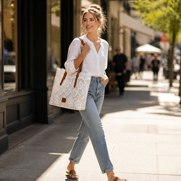 Lace Tote Bag, Crochet Floral Lace Shoulder Bag with Roomy Interior for Laptop & Daily Essentials