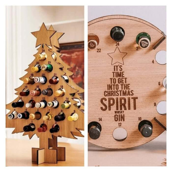 Liquor Advent Calendar, Refillable Wooden Christmas Tree or Wreath Countdown for Mini Bottles & Beer