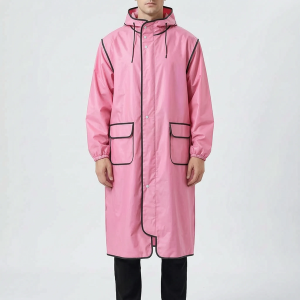 Long Cycling Raincoat, Extended Length Hooded Rain Jacket with Visor, Zip and Snap Closure for Commuting