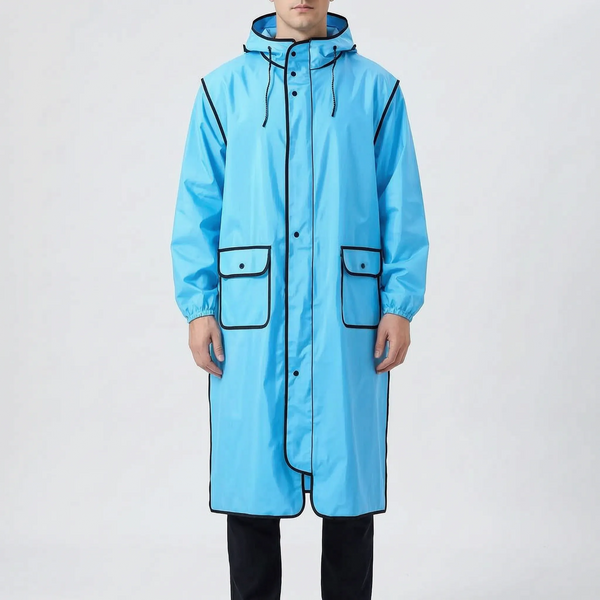 Long Cycling Raincoat, Extended Length Hooded Rain Jacket with Visor, Zip and Snap Closure for Commuting