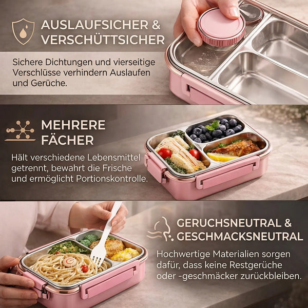 Insulated Lunch Box, Stainless Steel Thermal Food Container with Compartments & Leakproof Lid