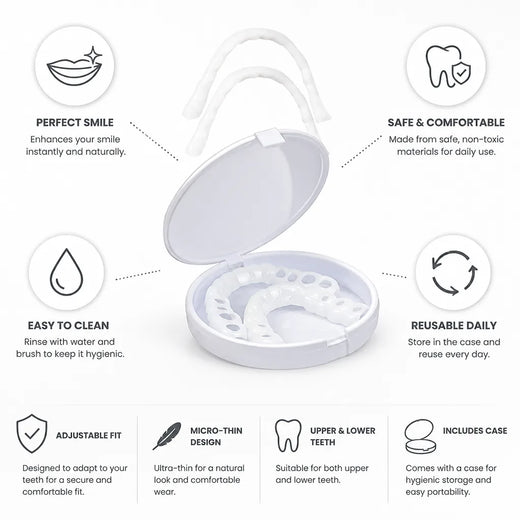 Micro Thin Snap On Veneers, Adjustable Fit Upper & Lower Cosmetic Veneer Set with Easy Clean Design