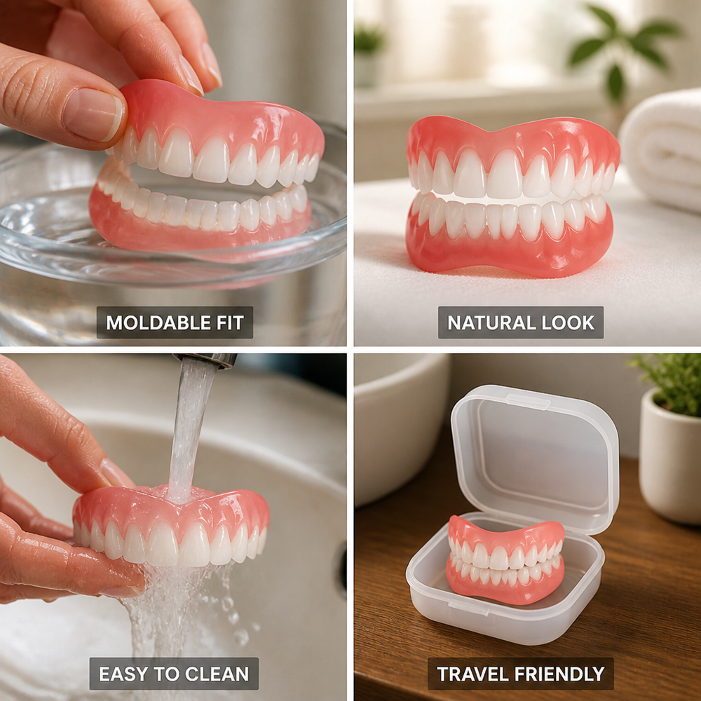 Moldable Boil and Bite Dentures, Natural Tooth Shade Cosmetic Dentures with Custom Fit at Home