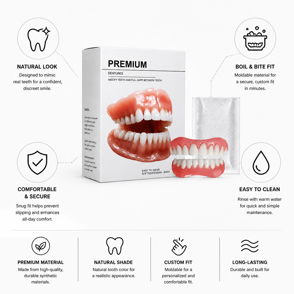 Moldable Boil and Bite Dentures, Natural Tooth Shade Cosmetic Dentures with Custom Fit at Home – photo 4
