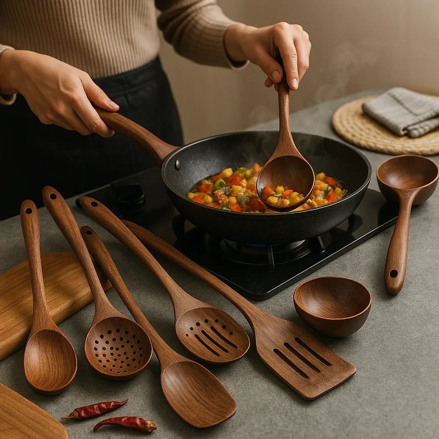 Teak Kitchen Utensil Set, Natural Wooden Cooking Utensils with Ergonomic Handles, Nonstick Safe