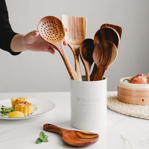 Teak Kitchen Utensil Set, Natural Wooden Cooking Utensils with Ergonomic Handles, Nonstick Safe