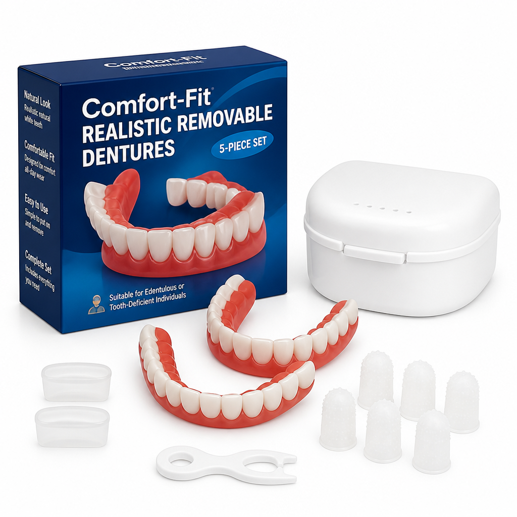 Natural White Removable Dentures, 5-Piece Cosmetic Denture Set with Storage Box & Finger Cots