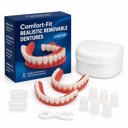 Natural White Removable Dentures, 5-Piece Cosmetic Denture Set with Storage Box & Finger Cots