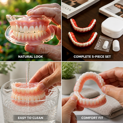 Natural White Removable Dentures, 5-Piece Cosmetic Denture Set with Storage Box & Finger Cots