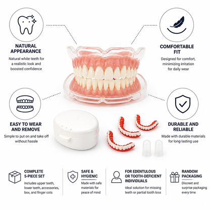 Natural White Removable Dentures, 5-Piece Cosmetic Denture Set with Storage Box & Finger Cots – photo 4