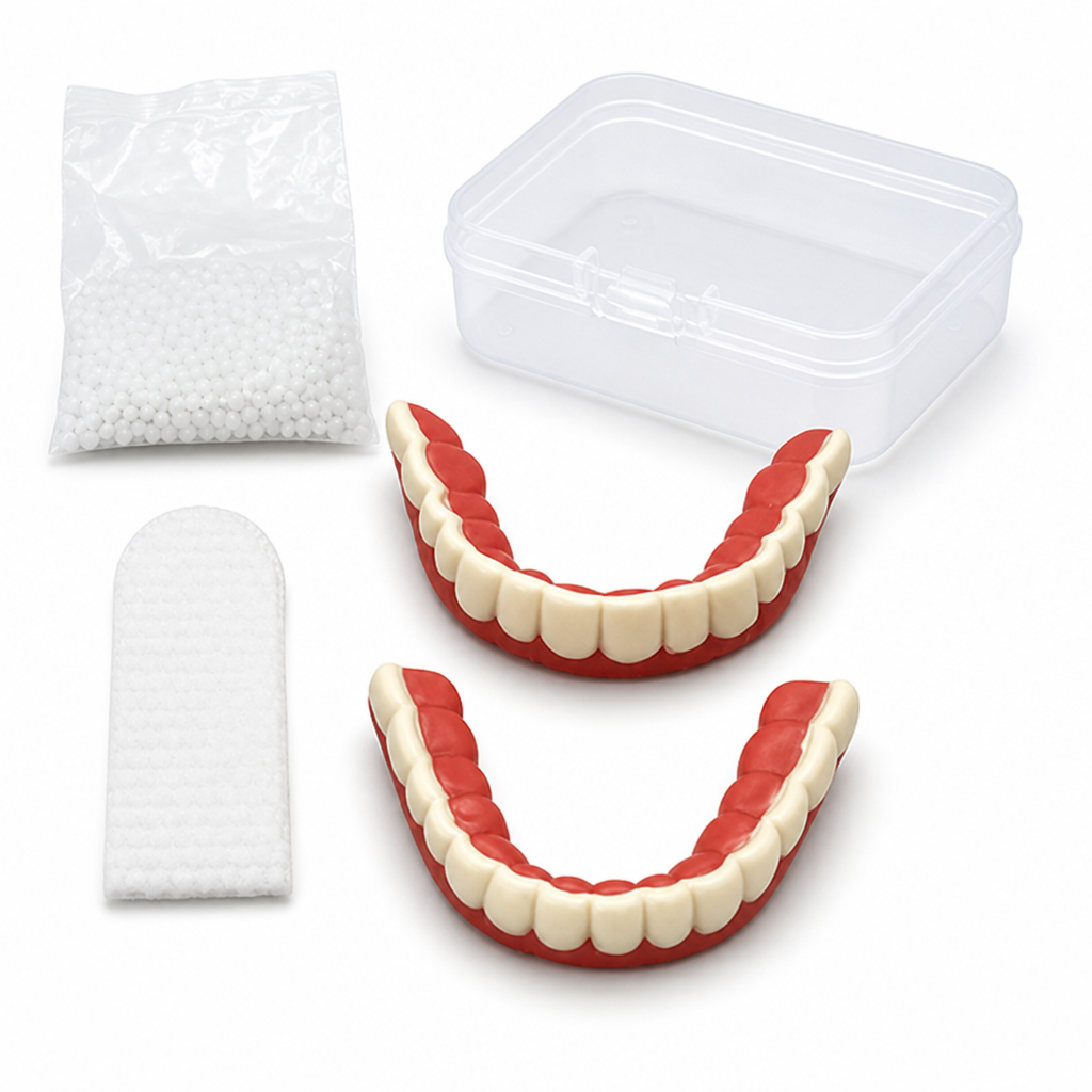 Natural White Removable Dentures, 5-Piece Cosmetic Denture Set with Storage Box & Finger Cots – 5-Piece Set