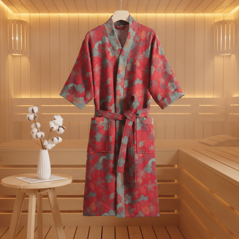 Kimono Robe, Reversible Two-Tone Organic Cotton Double Gauze Bathrobe with Ginkgo Leaf Motif