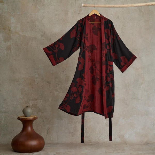 Kimono Robe, Reversible Two-Tone Organic Cotton Double Gauze Bathrobe with Ginkgo Leaf Motif
