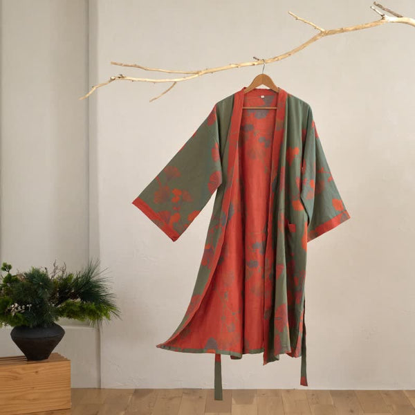 Kimono Robe, Reversible Two-Tone Organic Cotton Double Gauze Bathrobe with Ginkgo Leaf Motif