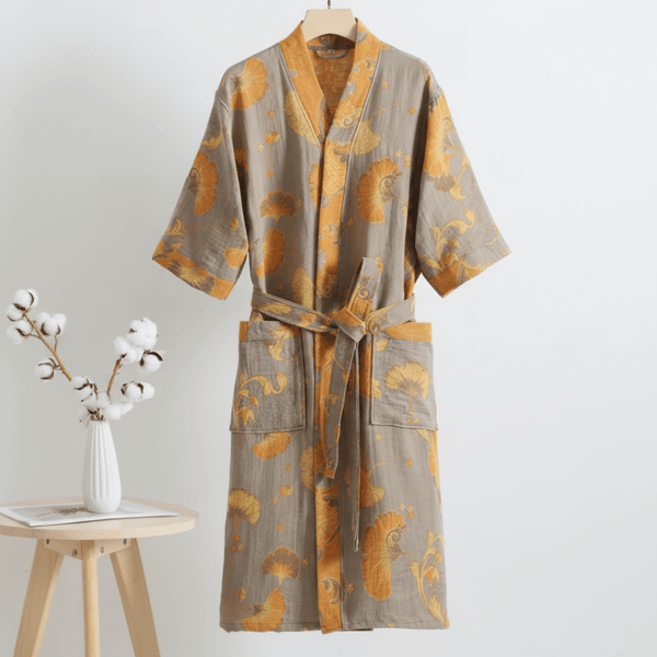 Kimono Robe, Reversible Two-Tone Organic Cotton Double Gauze Bathrobe with Ginkgo Leaf Motif