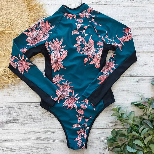 Women's Long Sleeve One Piece Swimsuit, Zip Front Sporty Swimwear for Beach & Pool