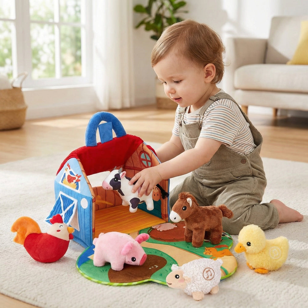 Plush Farm Animals Set, Soft Stuffed Farm Animal Toys with Animal Sounds for Toddlers