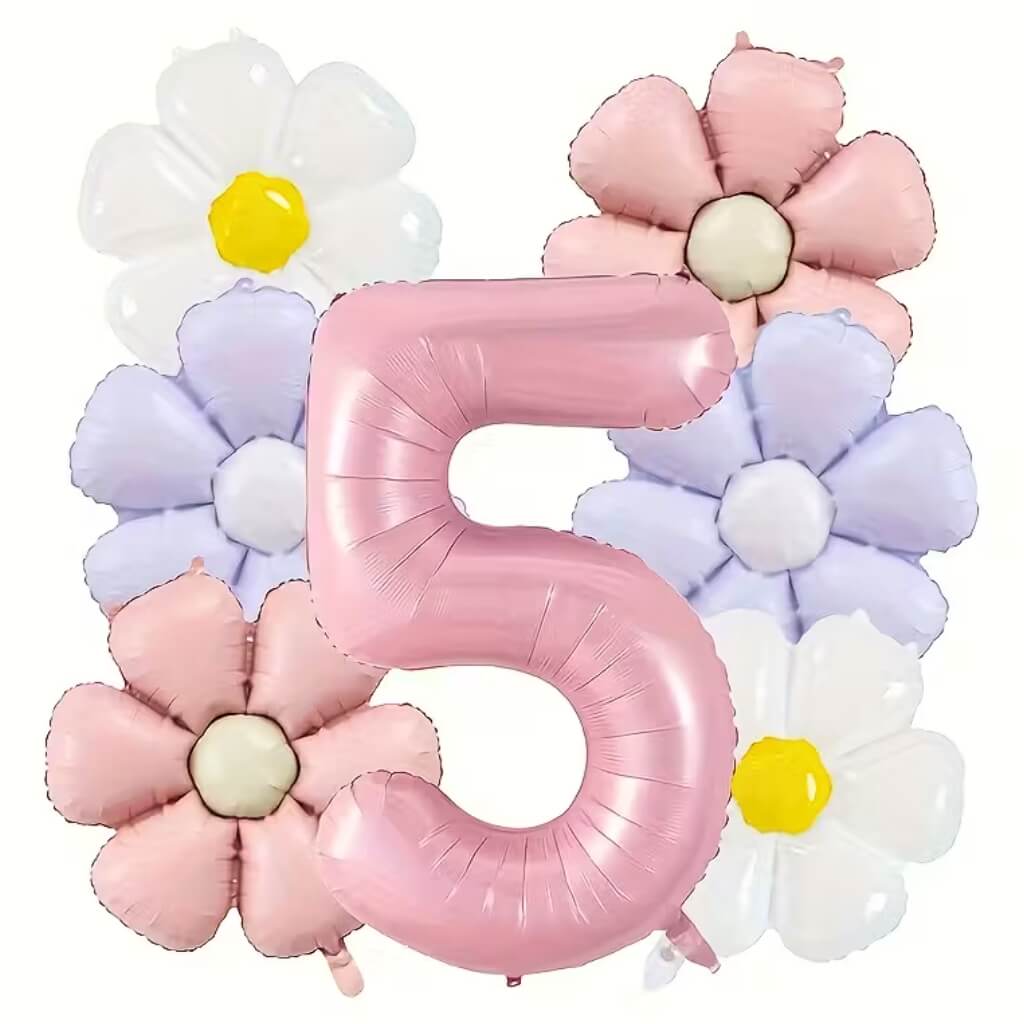 Birthday Number Balloons, Daisy & Pink Balloon Bundle 7 Pack