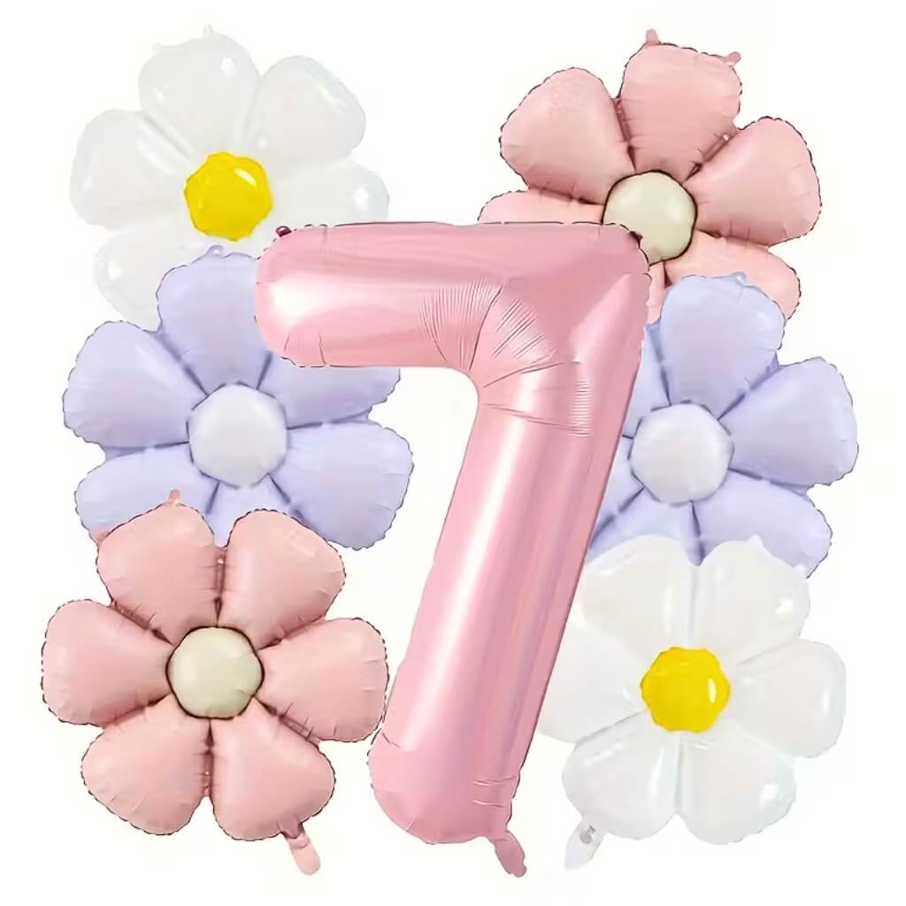 Birthday Number Balloons, Daisy & Pink Balloon Bundle 7 Pack