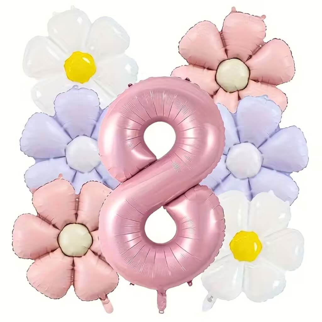 Birthday Number Balloons, Daisy & Pink Balloon Bundle 7 Pack