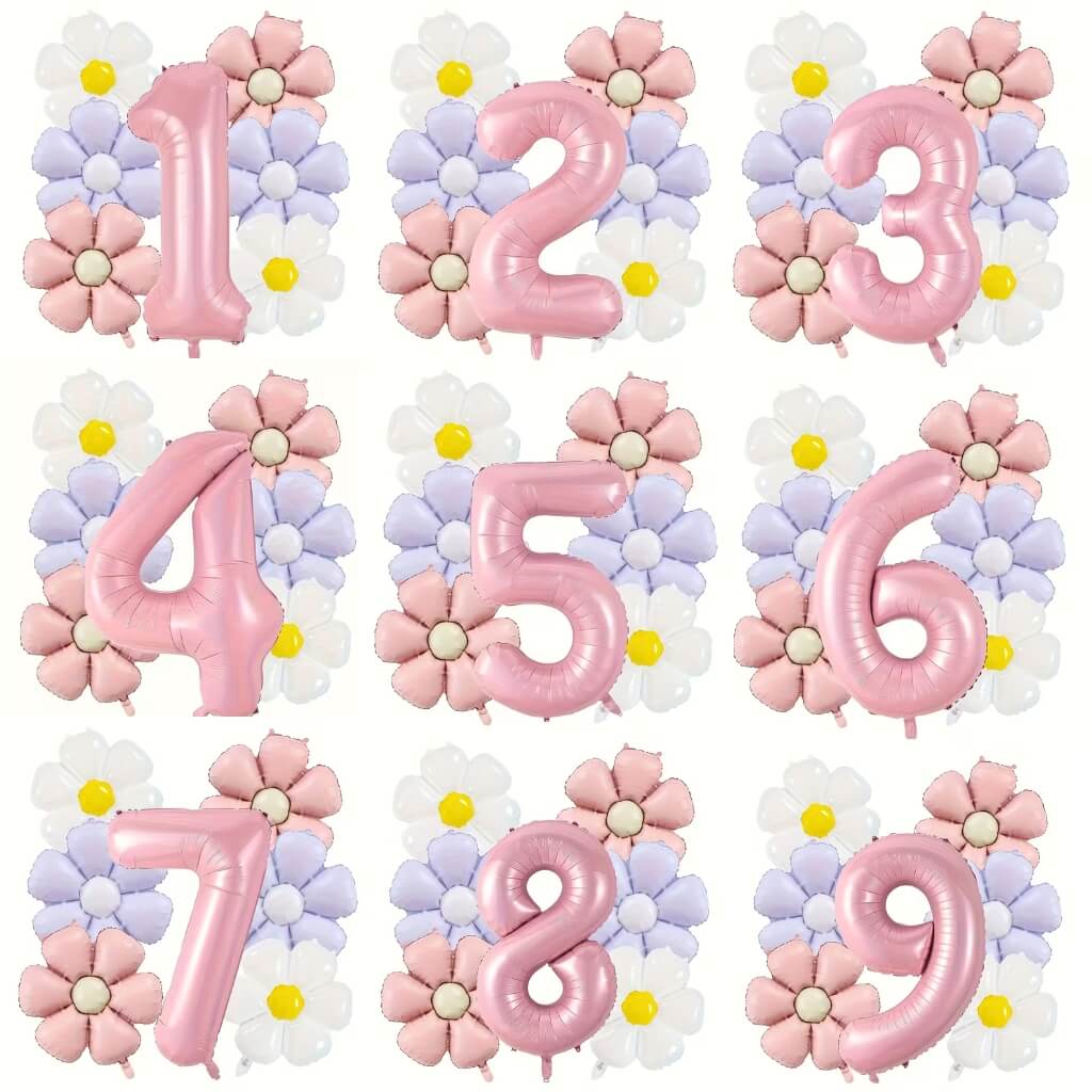 Birthday Number Balloons, Daisy & Pink Balloon Bundle 7 Pack