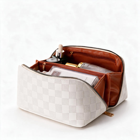 PU Leather Cosmetic Bag, Plaid Design, with Handle