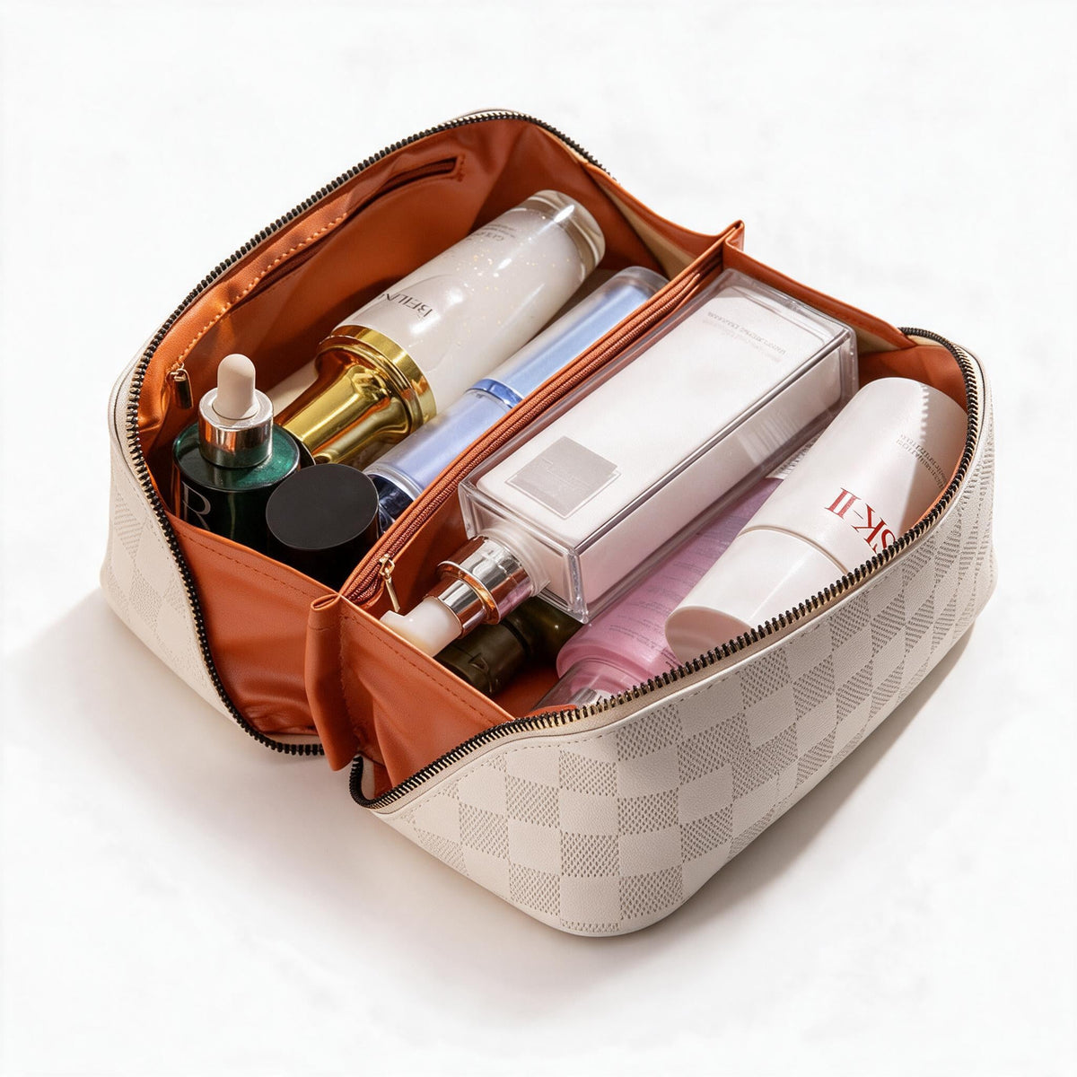 PU Leather Cosmetic Bag, Plaid Design, with Handle